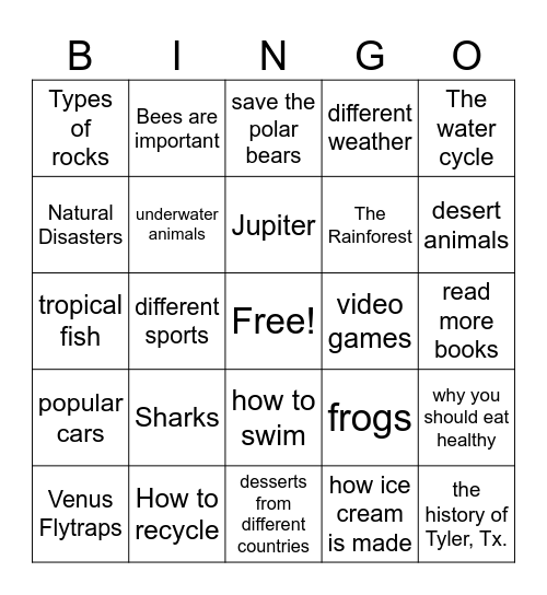 Main Idea Bingo Card