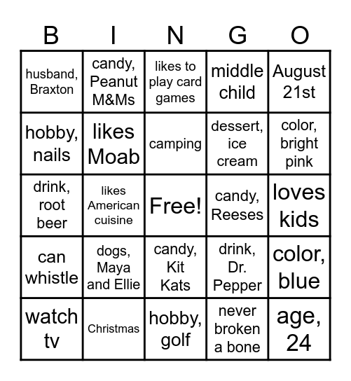 All About Miss Kimi Bingo Card