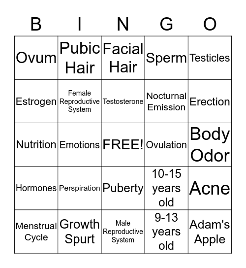 Puberty Bingo Card