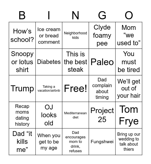 Will Parent Dinner Bingo Card
