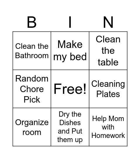 Chore Bingo Survival Bingo Card
