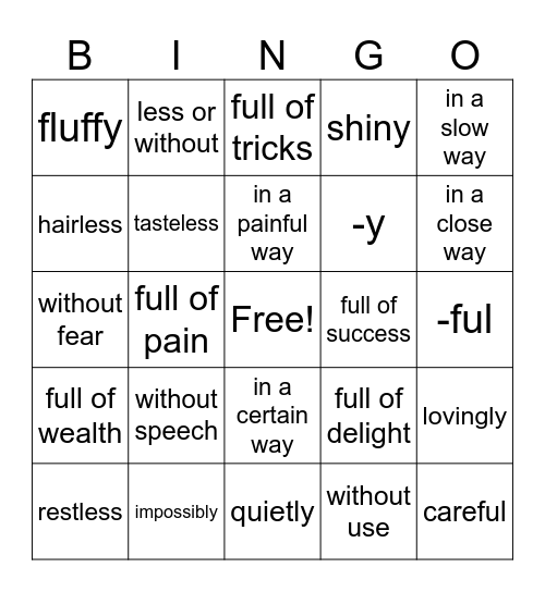 Suffix Bingo Card