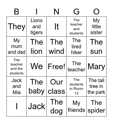 Subject Bingo Card