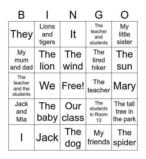 Subject Bingo Card