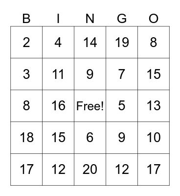 Addition Bingo up to 20 Bingo Card