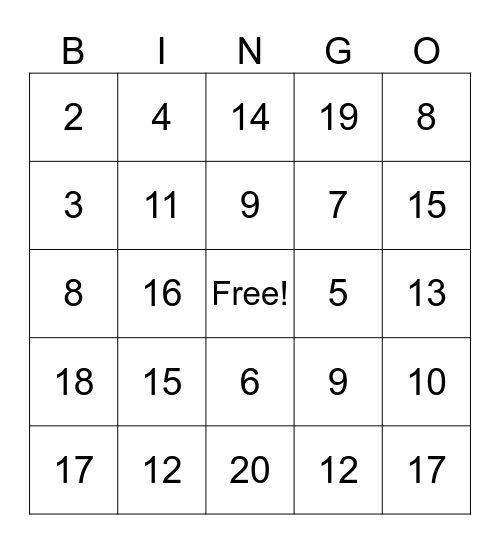 Addition Bingo up to 20 Bingo Card