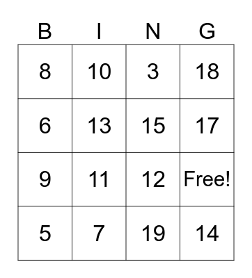 Addition Bingo up to 20 Bingo Card