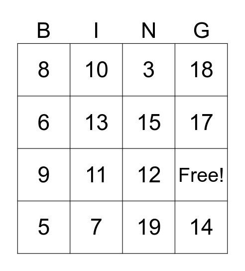 Addition Bingo up to 20 Bingo Card