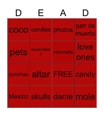 day of the dead Bingo Card