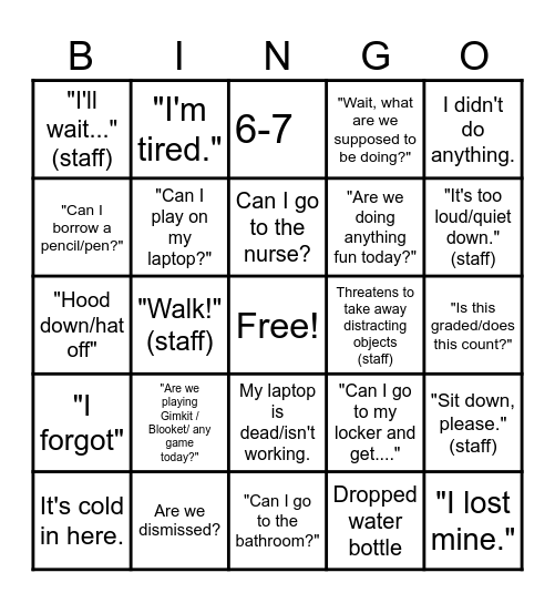 MS/HS STAFF CLASSROOM BINGO! Bingo Card