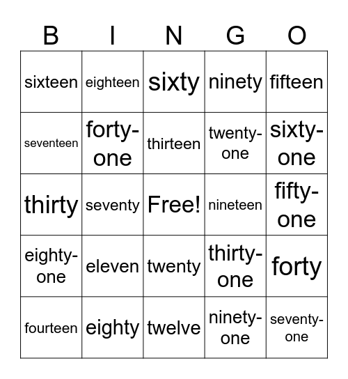 Teen or ty words Bingo Card
