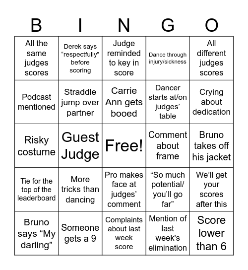 DWTS Bingo Card