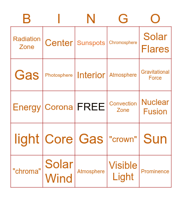 The Sun - Vocabulary Bingo Card