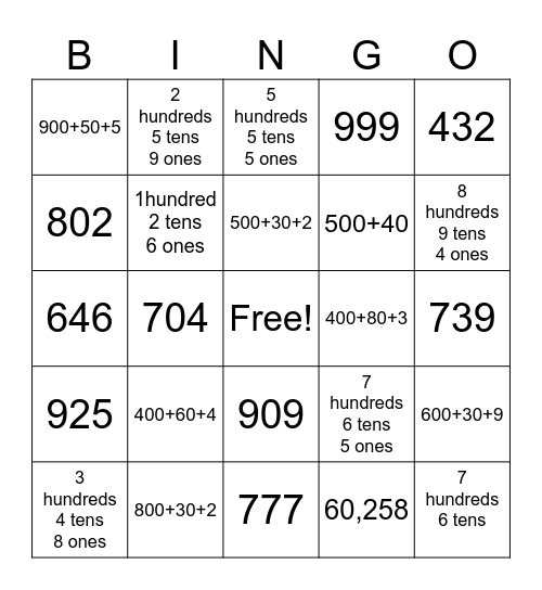 Place Value Bingo Card