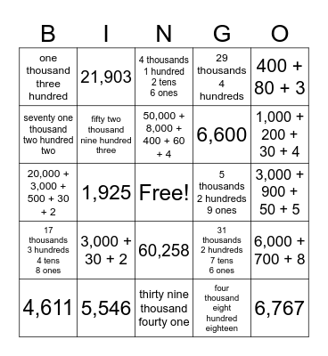 Place Value Bingo Card