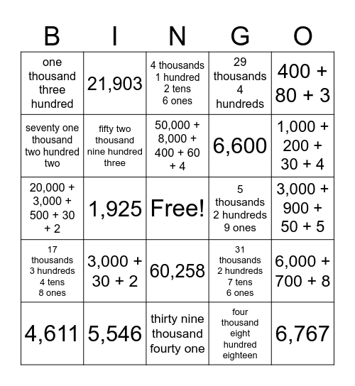 Place Value Bingo Card