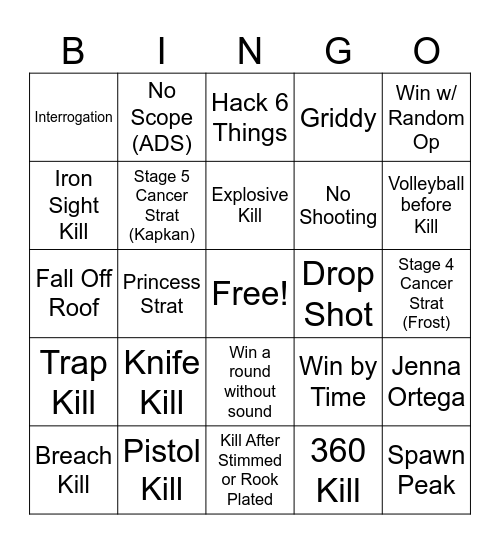 R6 Kill Challenge BINGO Card