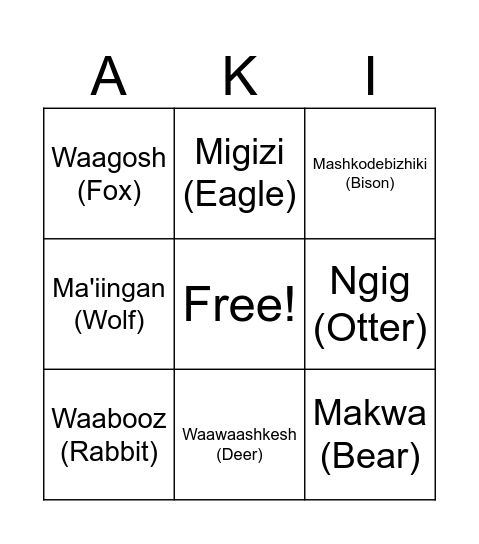 Animal Bingo Card