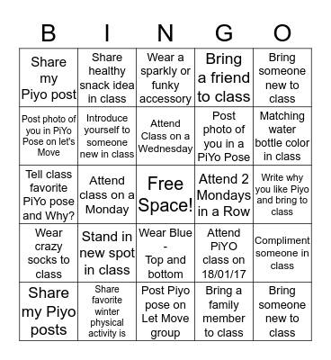 JANUARY BLUES PIYO BINGO Card