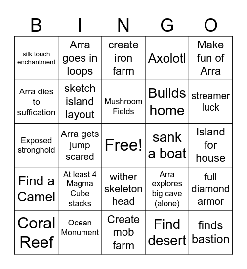 Arra Minecraft Bingo Card