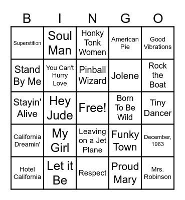 Jukebox Memories: 1960's-1970's Bingo Card