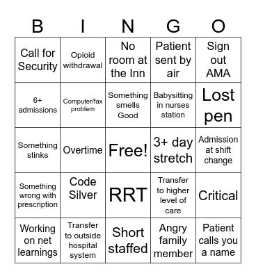 Unit Clerk Bingo Card