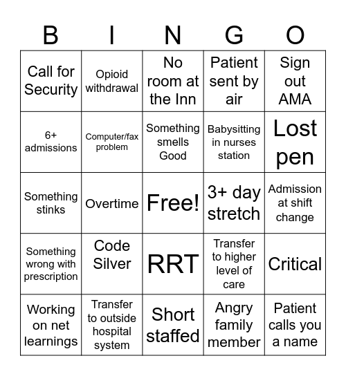 Unit Clerk Bingo Card