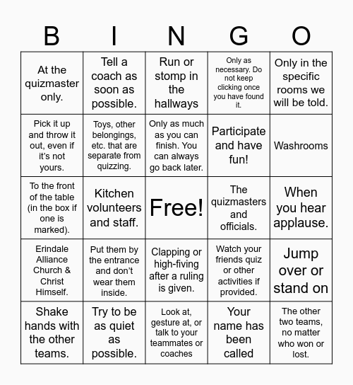 Quizzing Etiquette Bingo Card