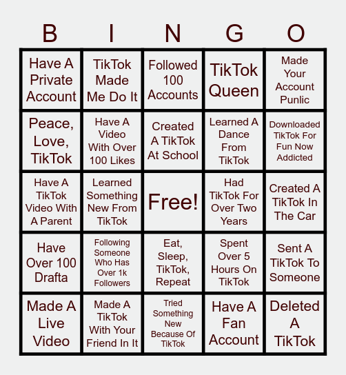 TikTok Bingo! Bingo Card