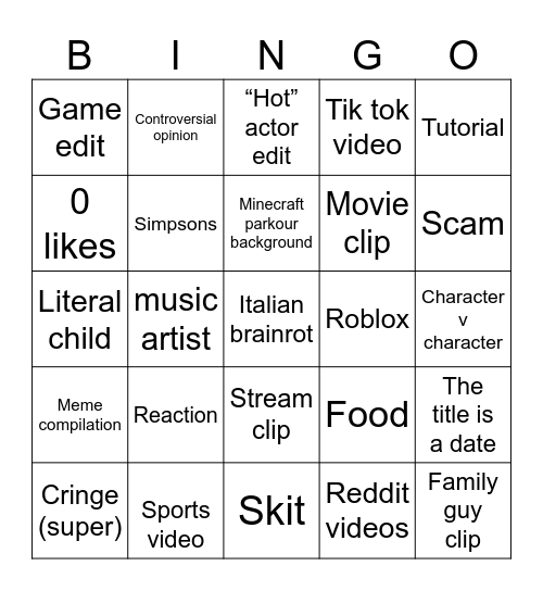 YouTube shorts Bingo Card