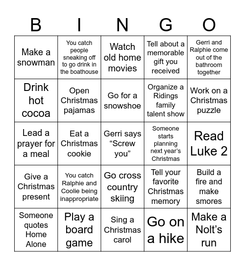 Ridings Family Christmas Bingo Card