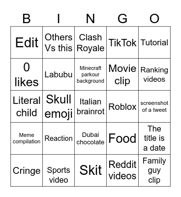 YouTube shorts Bingo Card