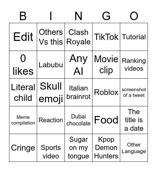 YouTube shorts Bingo Card