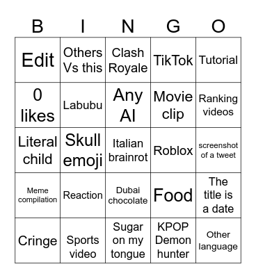 YouTube shorts Bingo Card