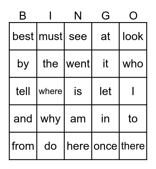 Tricky Word Bingo Card