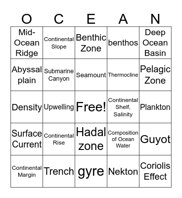 Ocean Unit Bingo Card