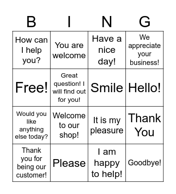 Customer Service Bingo Card