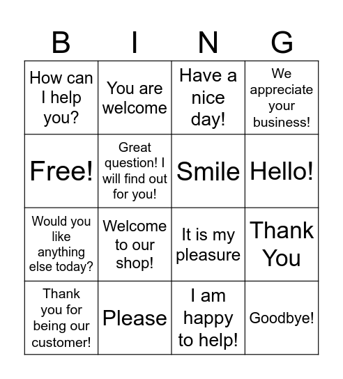 Customer Service Bingo Card
