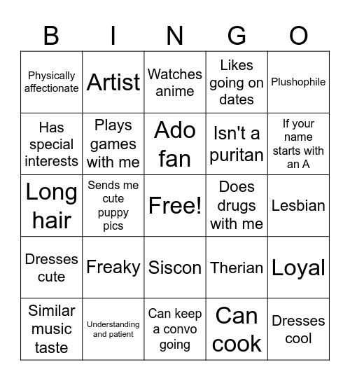Are you my type Bingo Card