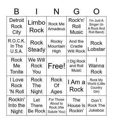 "Rock" Songs Bingo Card