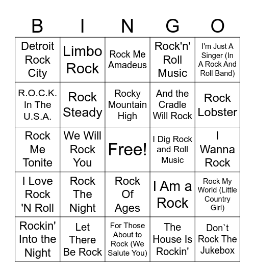 "Rock" Songs Bingo Card