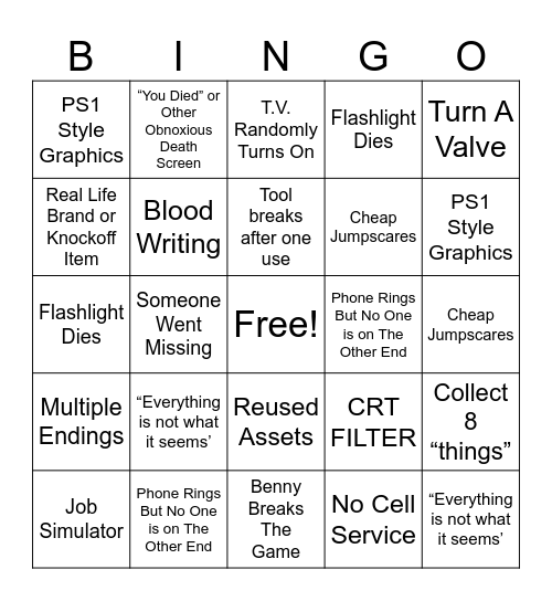 Indie Horror Bingo Card