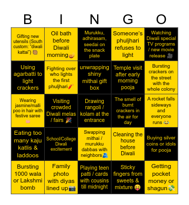 Diwali Nostalgia Bingo Card