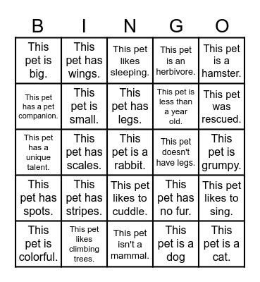 PETS! Bingo Card