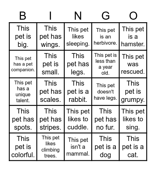 PETS! Bingo Card