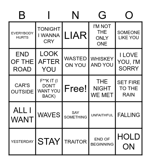 Summit Events Sad Music Bingo Card