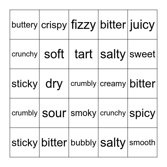 Taste and Texture Bingo Card