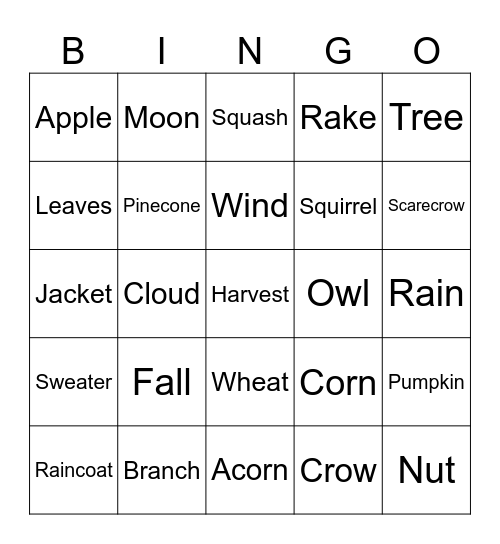 Fall Words Bingo Card