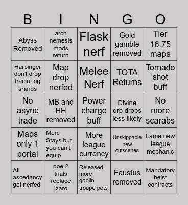 PoE But better Bingo Card