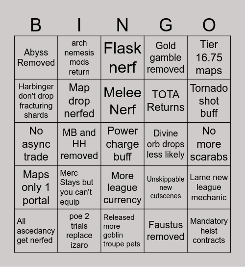PoE But better Bingo Card